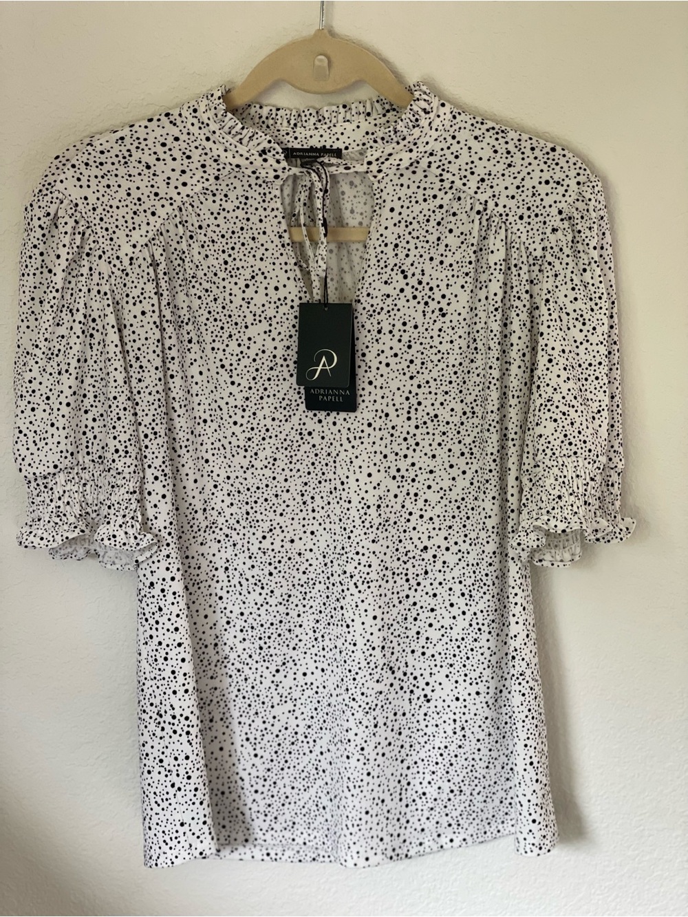 Adrianna Papell White Blouse with Black Dot Print and Tie Neck, Size Small